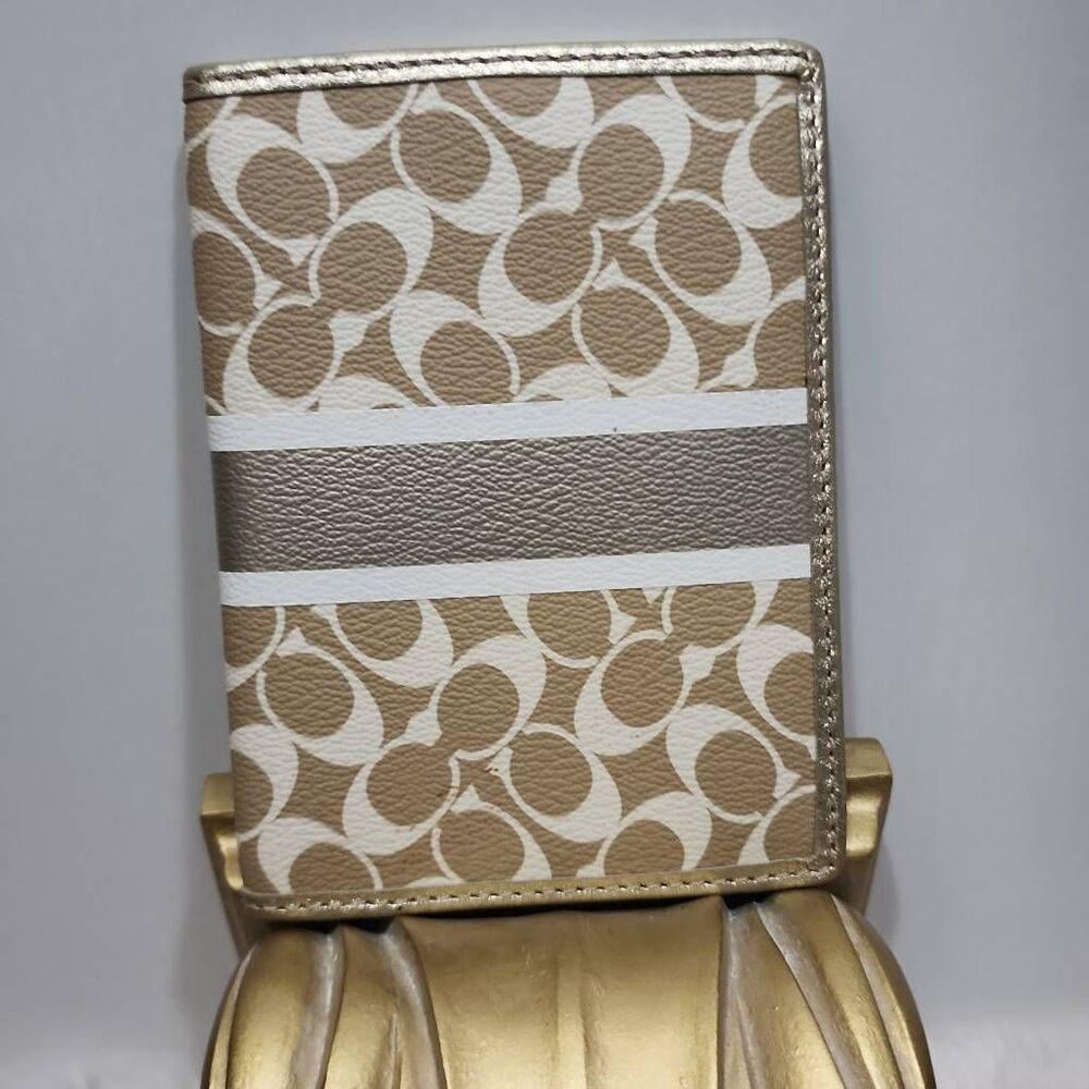 Coach Signature C Khaki/Gold Stripe Passport Case Holder